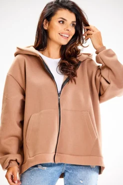 New Obszerna bluza zasuwana na zamek - beżowa Odzież Casualowa|Bluzy