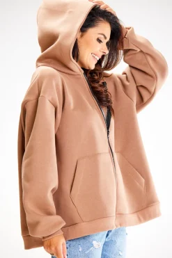 New Obszerna bluza zasuwana na zamek - beżowa Odzież Casualowa|Bluzy