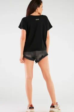 Best Obszerny t-shirt z dekoltem V - czarny Odzież Casualowa|Dobry Skład