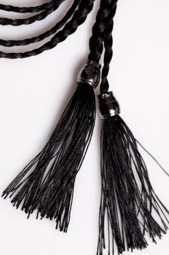 Clearance Pasek z plecionego sznurka boho z frędzlami na końcach - czarny Akcesoria