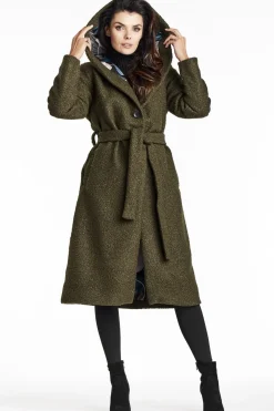 Sale Płazcz daki z kołnierze zaowy i kapture - khaki Płaszcze