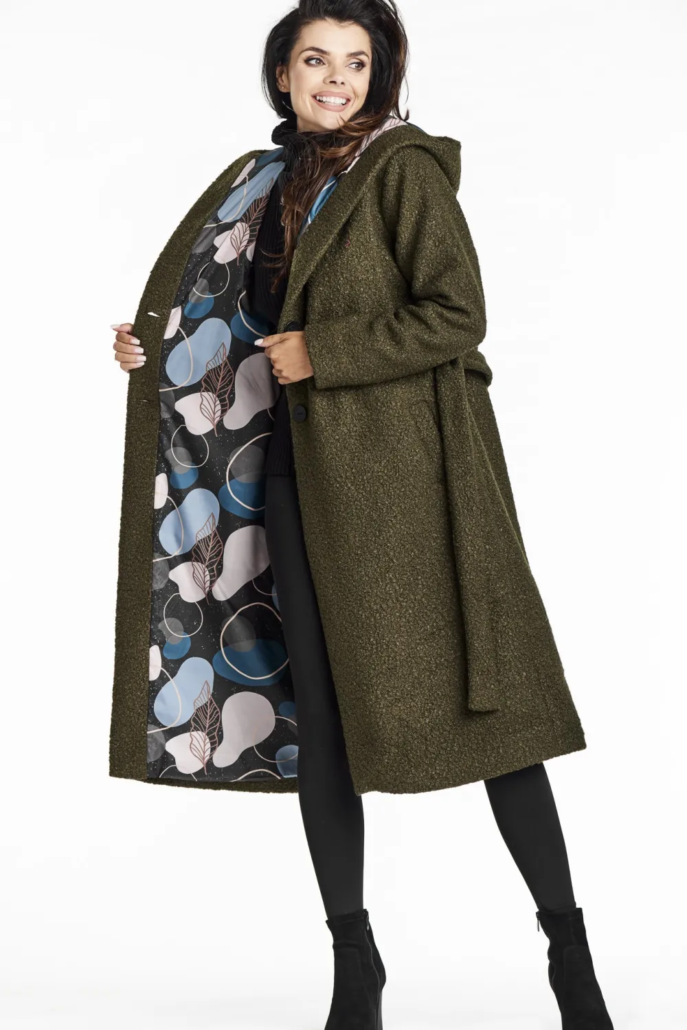 Sale Płazcz daki z kołnierze zaowy i kapture - khaki Płaszcze