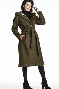 Sale Płazcz daki z kołnierze zaowy i kapture - khaki Płaszcze
