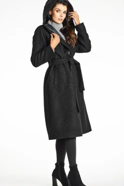 New Płazcz daki z kołnierze zaowy i kapture - czarny Płaszcze