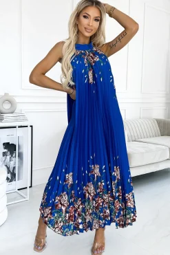 Clearance Plisowana satynowa sukienka maxi - chabrowa w kwiaty W Kwiaty|Maxi