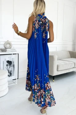Clearance Plisowana satynowa sukienka maxi - chabrowa w kwiaty W Kwiaty|Maxi