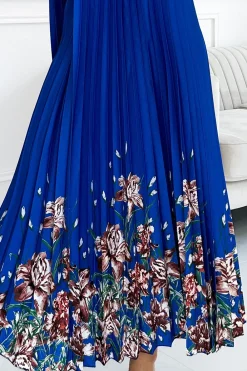 Clearance Plisowana satynowa sukienka maxi - chabrowa w kwiaty W Kwiaty|Maxi