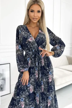 Online Plisowana sukienka maxi z długim rękawem - granatowy wzór Maxi|Sukienki