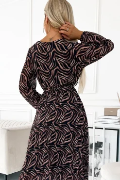 Plisowana sukienka maxi z długim rękawem - brązowa zebra Maxi|Sukienki