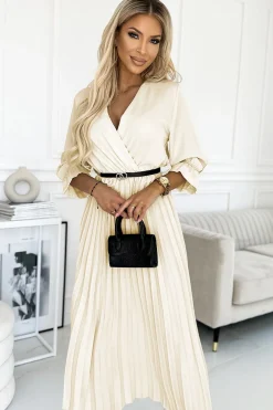 New Plisowana sukienka maxi z paskiem i rękawem 3/4 - ecru Maxi