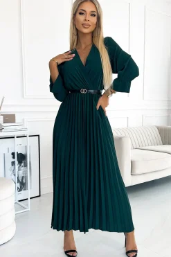 Discount Plisowana sukienka maxi z paskiem i rękawem 3/4 - butelkowa zieleń Maxi|Sukienki