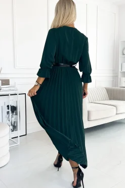 Discount Plisowana sukienka maxi z paskiem i rękawem 3/4 - butelkowa zieleń Maxi|Sukienki