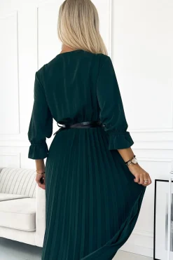 Discount Plisowana sukienka maxi z paskiem i rękawem 3/4 - butelkowa zieleń Maxi|Sukienki