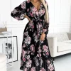 Clearance Plisowana sukienka maxi z wiązaniem w pasie - czarna w czerwono-różowe róże Sukienki