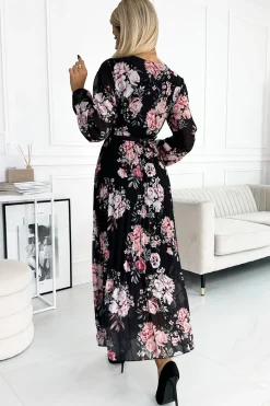 Clearance Plisowana sukienka maxi z wiązaniem w pasie - czarna w czerwono-różowe róże Sukienki