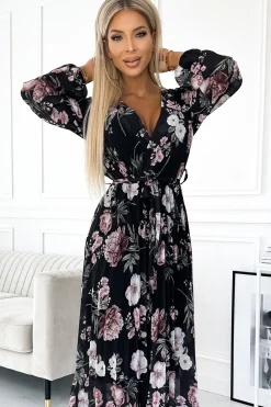 Outlet Plisowana sukienka maxi z wiązaniem w pasie - czarna w różowe kwiaty Sukienki