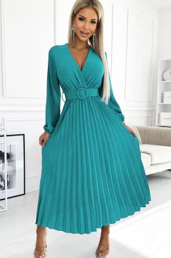 Clearance Plisowana sukienka midi z dekoltem - morska Sukienki|Midi