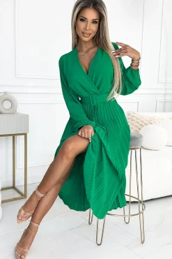 Discount Plisowana sukienka midi z dekoltem - zielona Midi|Midi
