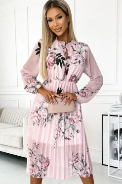 Hot Plisowana sukienka midi z długim rękawem - róże na pudrowym tle W Kwiaty|Midi