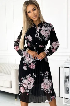 Online Plisowana sukienka midi z długim rękawem - róże na czarnym tle Sukienki