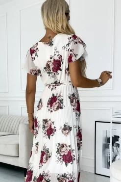 Sale Plisowana sukienka midi z falbankami - bordowe róże W Kwiaty|Maxi