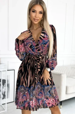 Hot Plisowana sukienka z długim rękawem - tygrys + różowe kwiaty Sukienki