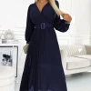 Best Plisowana sukienka z paskiem w talii - granatowa Maxi|Maxi