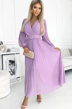 Plisowana sukienka z paskiem w talii - wrzosowa Maxi|Sukienki