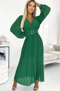 Outlet Plisowana sukienka z paskiem w talii - jasnozielona Maxi|Sukienki