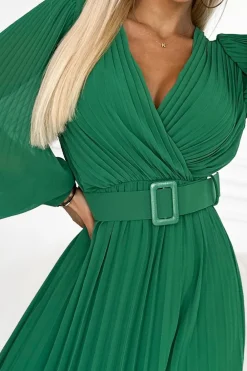 Outlet Plisowana sukienka z paskiem w talii - jasnozielona Maxi|Sukienki
