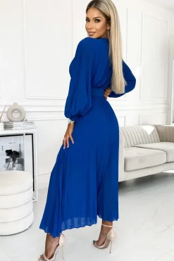 Discount Plisowana sukienka z paskiem w talii - chabrowa Maxi|Sukienki