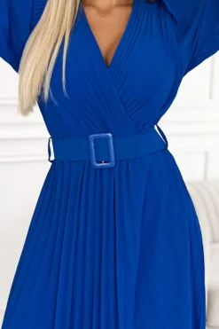 Discount Plisowana sukienka z paskiem w talii - chabrowa Maxi|Sukienki