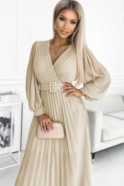 Clearance Plisowana sukienka z paskiem w talii - beżowa Maxi|Sukienki