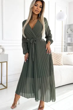 New Plisowana szyfonowa sukienka z dekoltem, długim rękawkiem i wiązanym paskiem - khaki Maxi|Sukienki