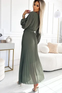 New Plisowana szyfonowa sukienka z dekoltem, długim rękawkiem i wiązanym paskiem - khaki Maxi|Sukienki