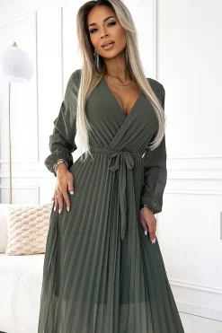 New Plisowana szyfonowa sukienka z dekoltem, długim rękawkiem i wiązanym paskiem - khaki Maxi|Sukienki