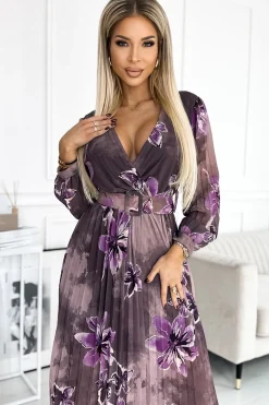 New Plisowana szyfonowa sukienka maxi - fioletowe duże kwiaty W Kwiaty|Mini