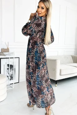 New Plisowana szyfonowa sukienka maxi - niebiesko-beżowe liście W Kwiaty|Mini