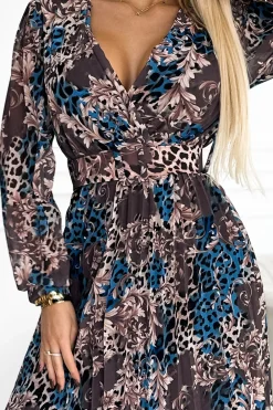 New Plisowana szyfonowa sukienka maxi - niebiesko-beżowe liście W Kwiaty|Mini