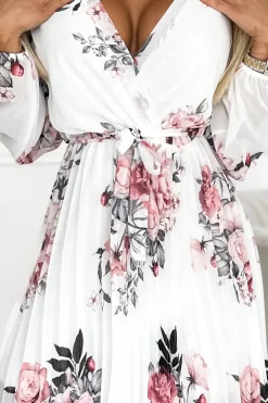 Discount Plisowana szyfonowa sukienka z dekoltem - białe róże Sukienki|Midi