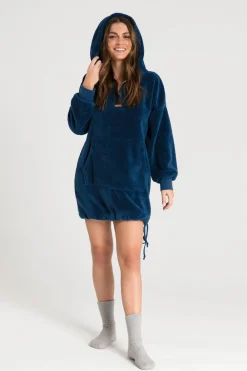 Outlet Pluszowa bluza oversize z kieszenią kangurek - granatowa Odzież Casualowa|Bluzy