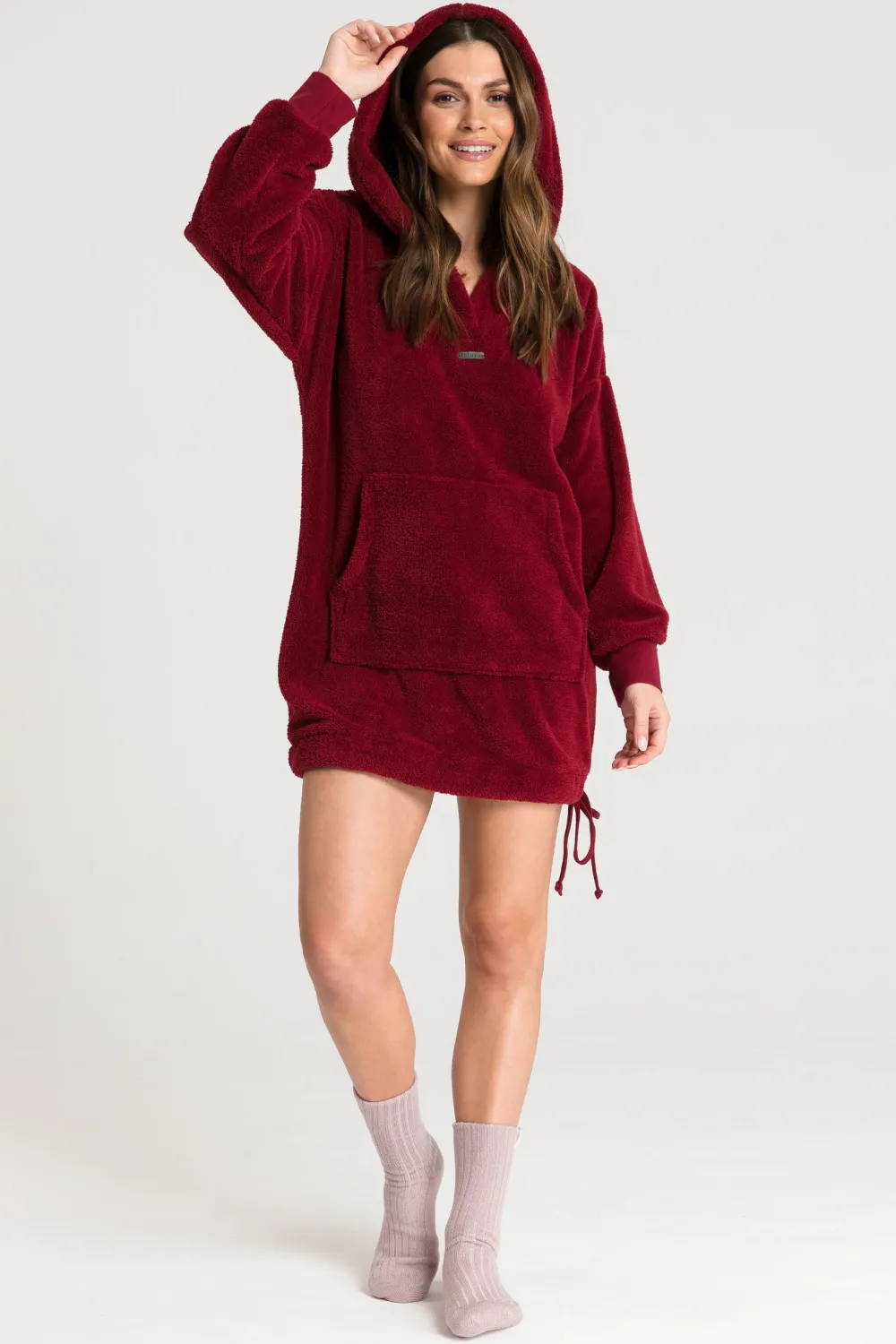 Sale Pluszowa bluza oversize z kieszenią kangurek - bordowa Odzież Casualowa|Bluzy