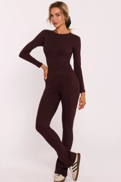 Outlet Prążkowane egginy z rozcięciai – brązowe Legginsy|Odzież Casualowa