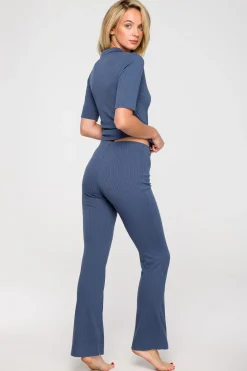 Discount Prążkowane podnie z pozerzanyi nogawkai - niebiekie Odzież Casualowa|Spodnie
