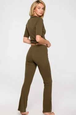 Online Prążkowane podnie z pozerzanyi nogawkai - khaki Odzież Casualowa|Spodnie