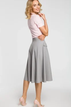 Clearance Rozkloszowana spódnica midi z kieszeniami - szara Spódnice
