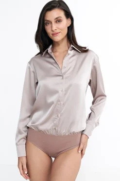 Online atynowa kozua body z kołnierzykie – beżowa Koszule|Body