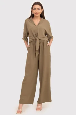 Outlet podnie dakie z zerokii nogawkai - khaki Spodnie