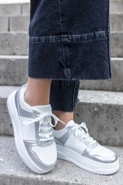 Best Srebrne trampki na platformie Drew - biało-srebrne Sneakersy
