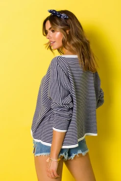 Hot Stylowy sweter w paseczki - granatowy Swetry